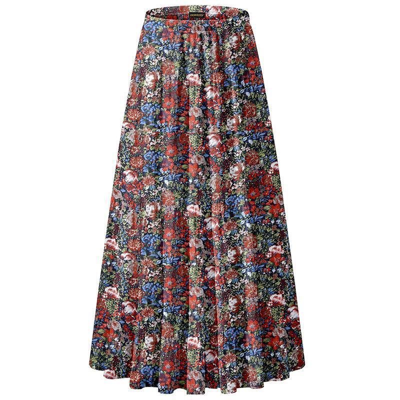 Women Floral Print Chiffon Maxi Skirt, Elastic High Waist Pleated A-Line Flared Long Skirt