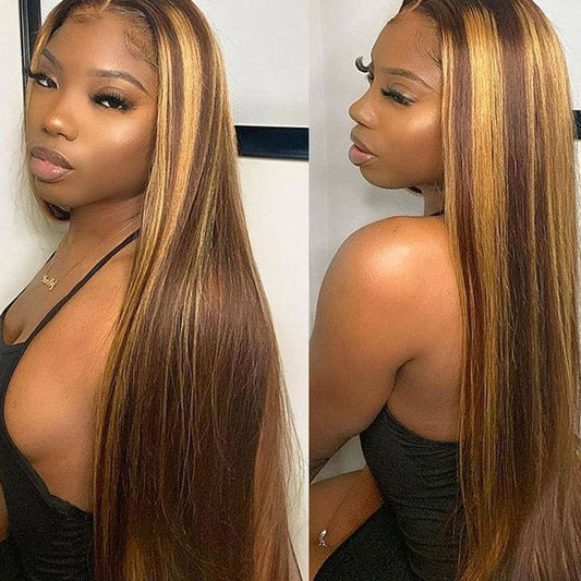 A 214  Brown Blonde Ombre Long Straight Hair with Bangs, Rose Net Heat Resistant Natural Wig for Women