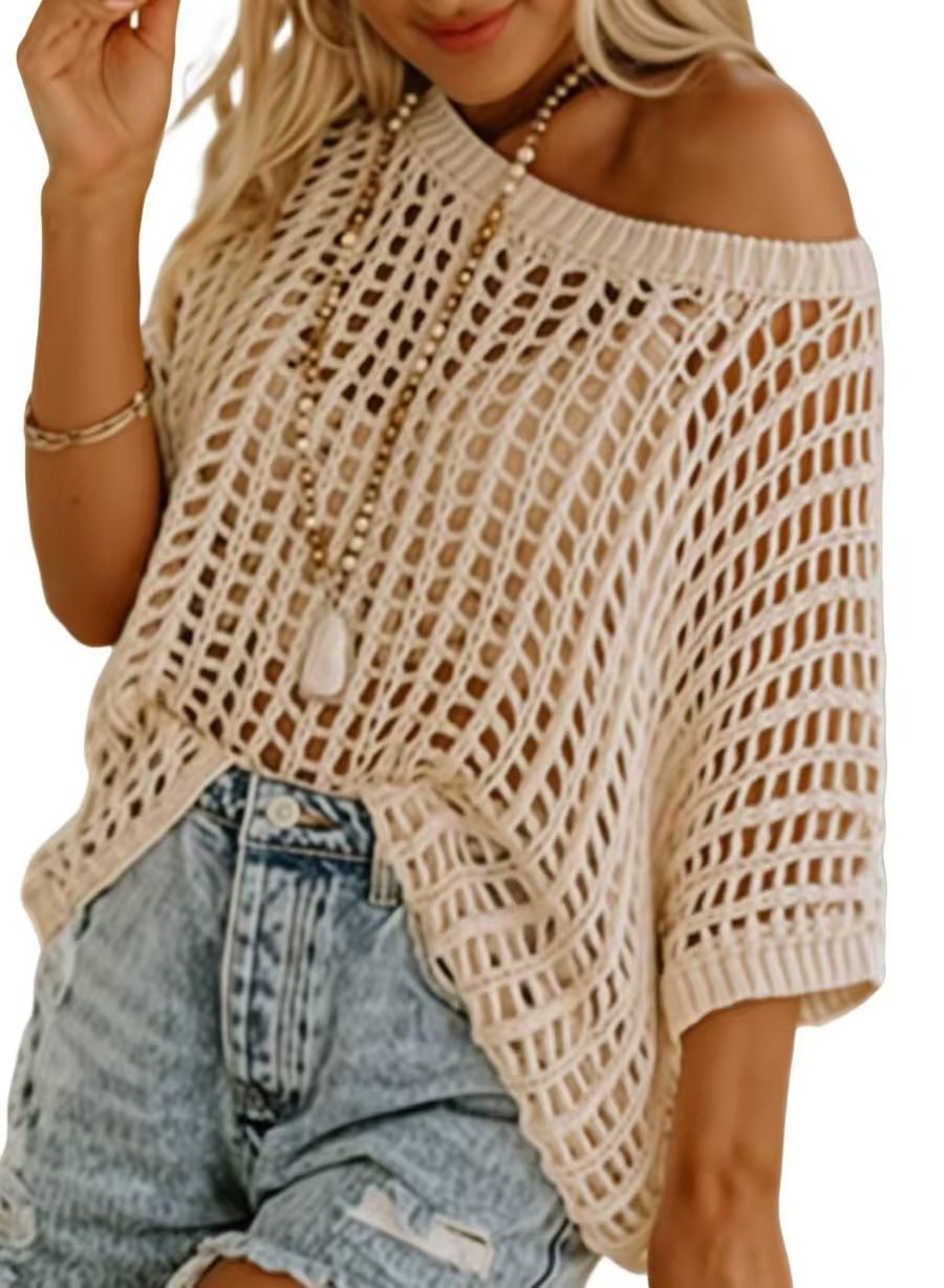 Women Hollow Out Knit Cover Up Top, Half Sleeve Mesh Beach Sweater, Off Shoulder Sheer Swim Cover Blouse