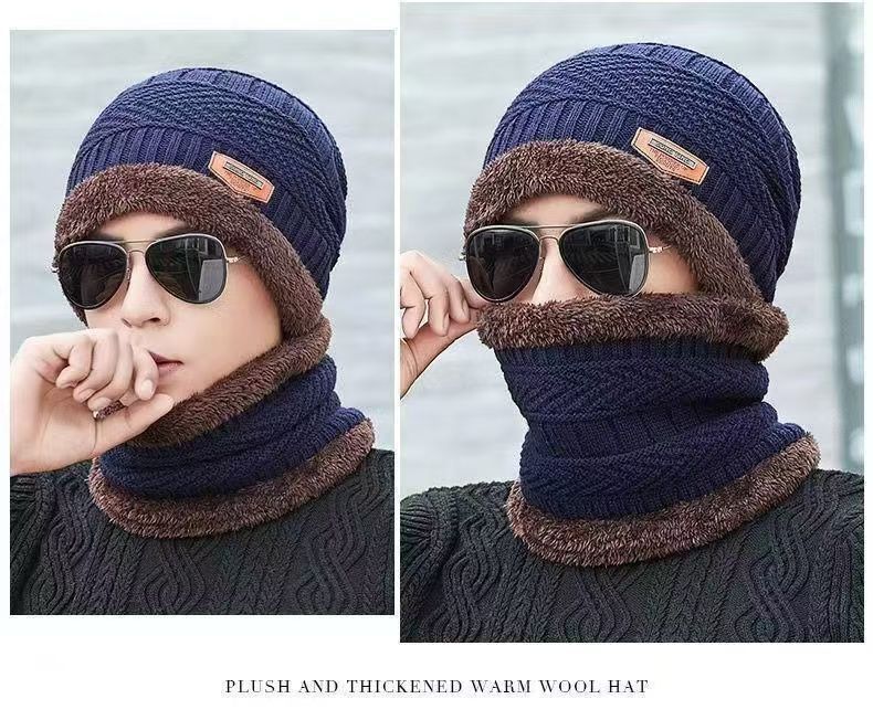 A290  Winter Hat Set with Ear Flaps and Fleece Lining Thickened Knit Hat and Scarf Two-Piece Set Autumn/Winter Wool Hat