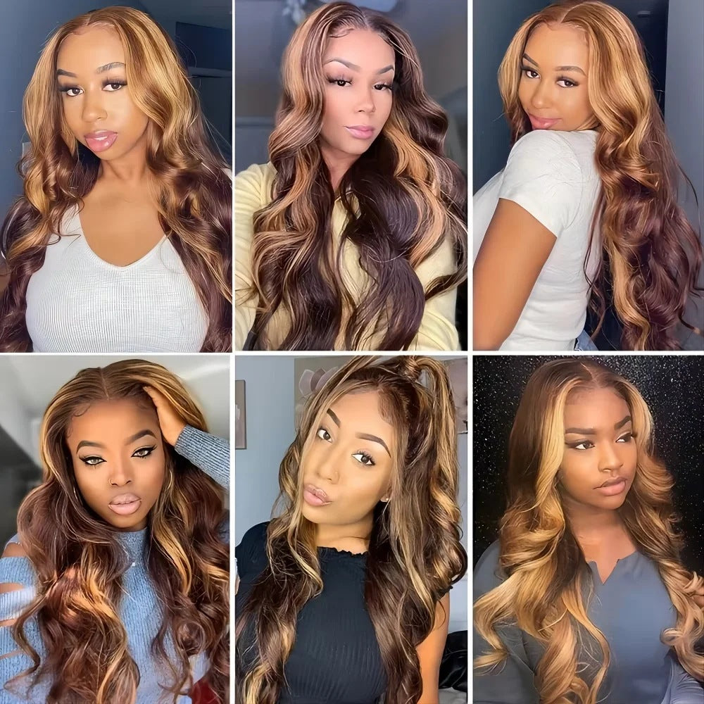 A223  Piano Color Highlight Body Wave Long Curly Wig, 13×4 Lace Front Fashion Wig for Women