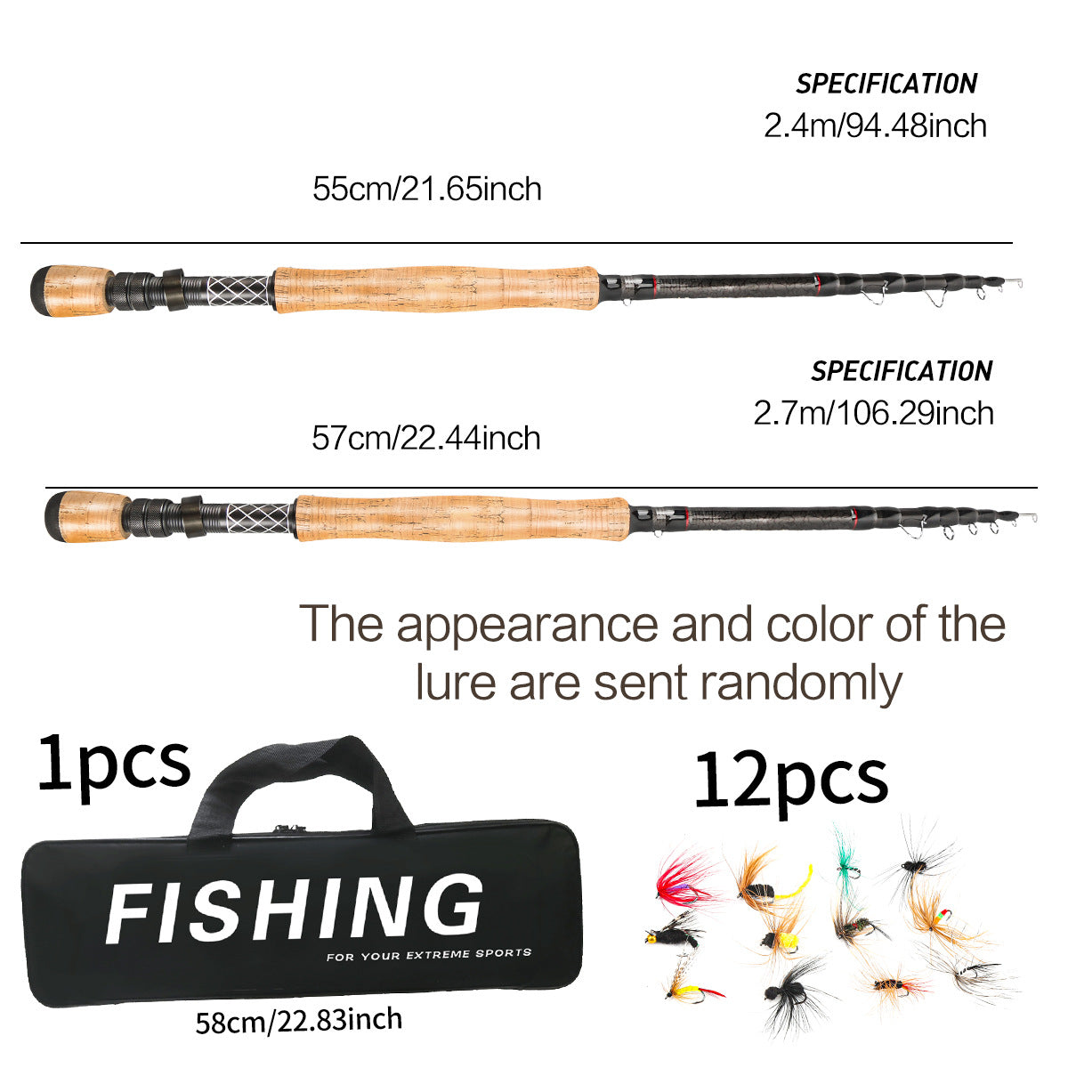 A260  Carbon Fiber Fly Fishing Gear 2.4/2.7m Long Casting Fly Rod, Reel Line Lures Hooks Complete Kit
