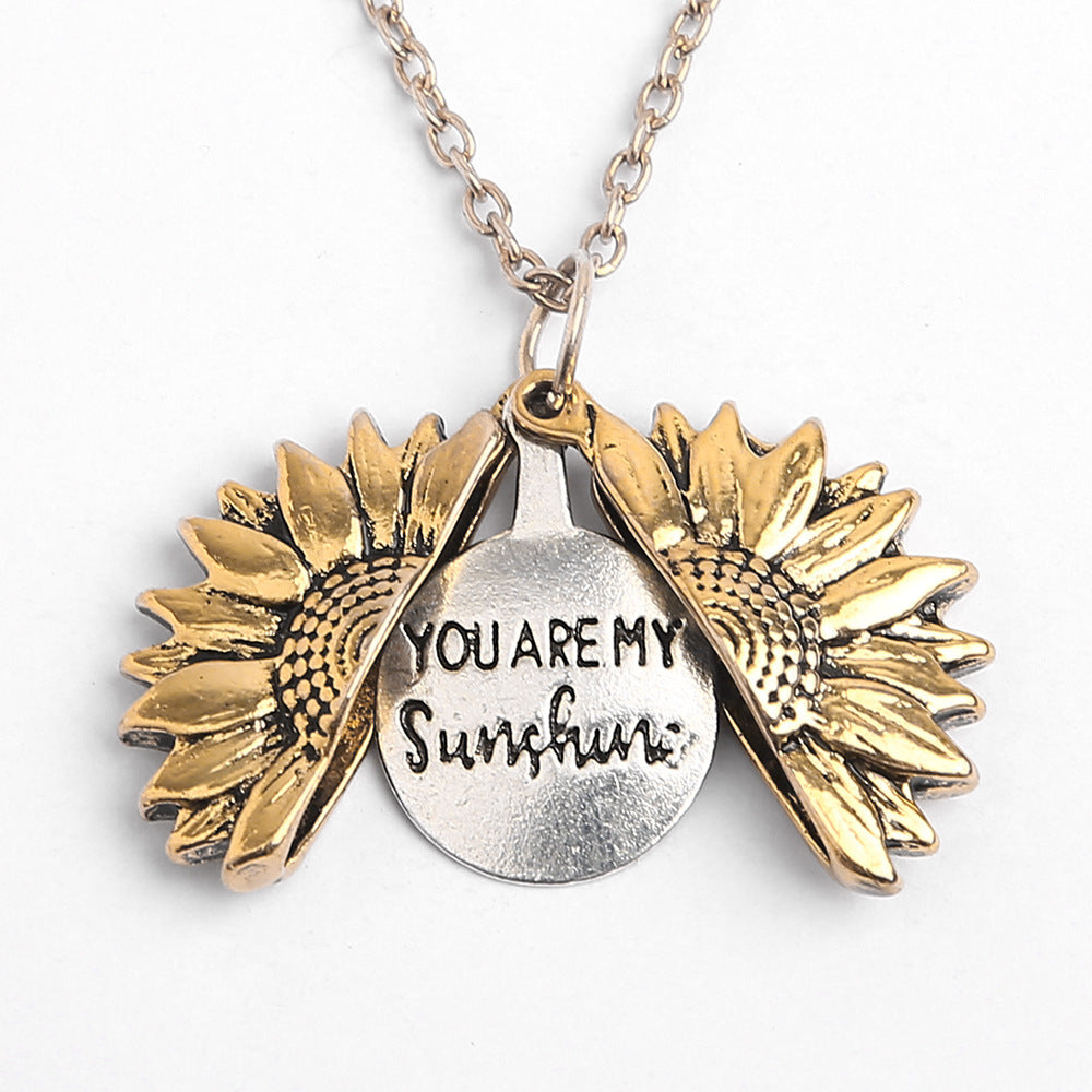 Minimalist Design Blackened Sunflower Necklace, Openable Engraved Alloy Clavicle Chain