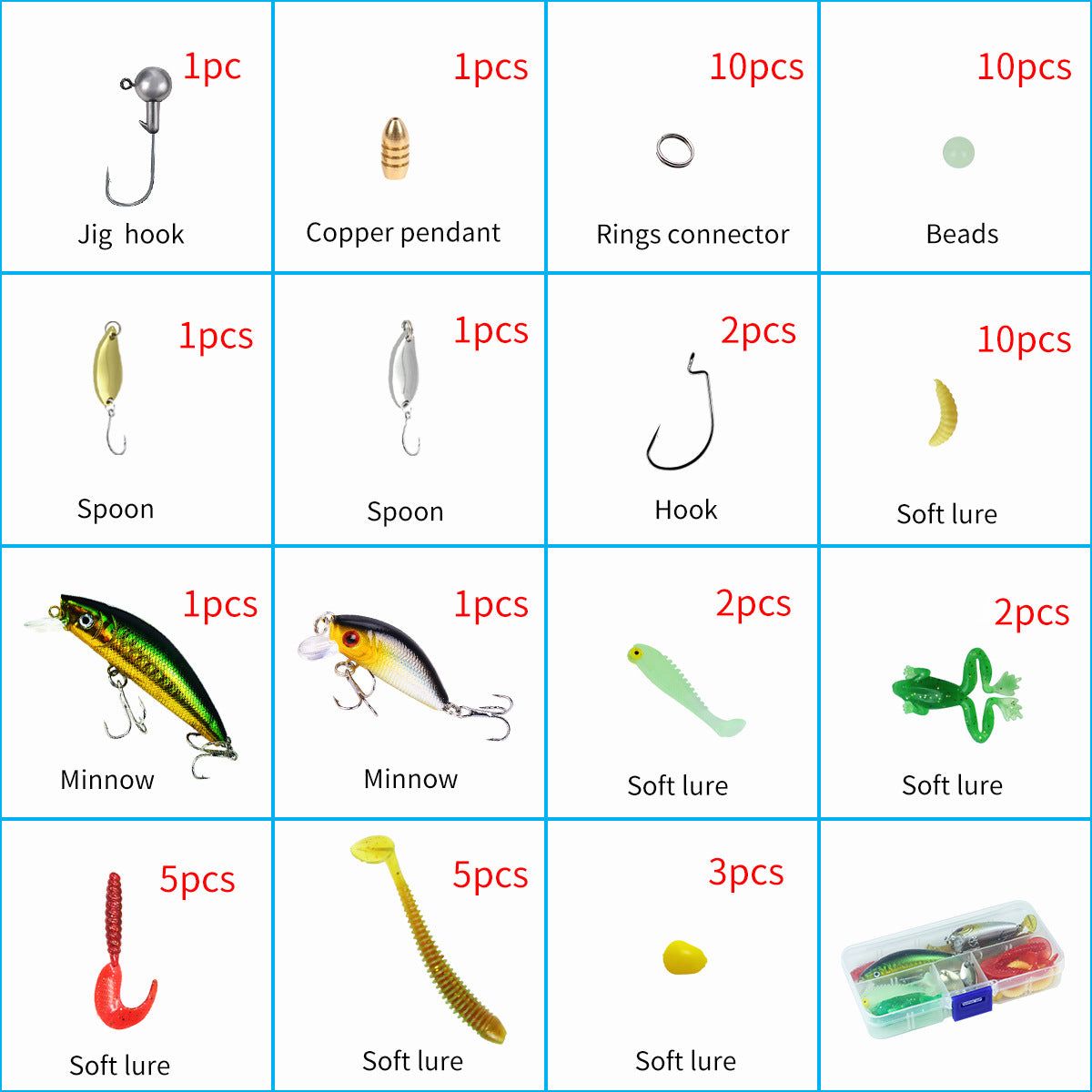 A243  Multifunctional Fishing Lures Combo, Glow Jigs Spoons Soft Lures Minnow Starter Fishing Kit