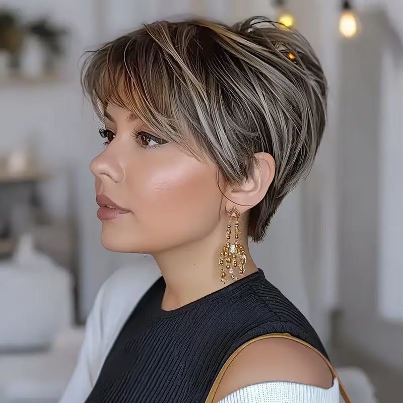 A228  Trending Short Curly Wig with Side Bangs, Mixed Color Fashion Rose Net Comfort Wig