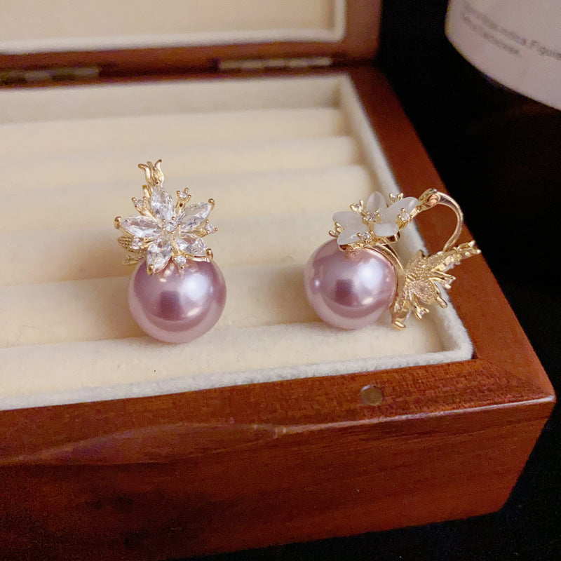 A246  Elegant Versatile Purple Pearl Double-Sided Flower Ear Clips, Minimalist Luxury 2-Way Fashion Earrings for Women