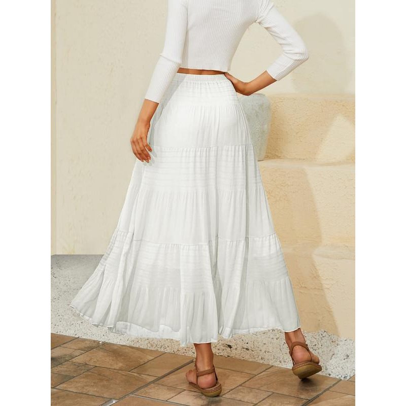 Women Floral Print Chiffon Maxi Skirt, Elastic High Waist Pleated A-Line Flared Long Skirt