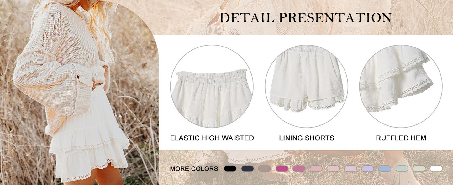 A360  Women Flowy Casual Boho Shorts High Waist Mini Skirt Ruffled Layered Hem Crochet Skort For Golf Tennis Sports