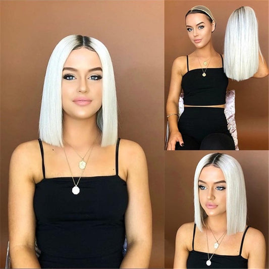 A212  Black to White Ombre Short Straight Bob, Colored Wig for Women, Face Slimming Style Wig