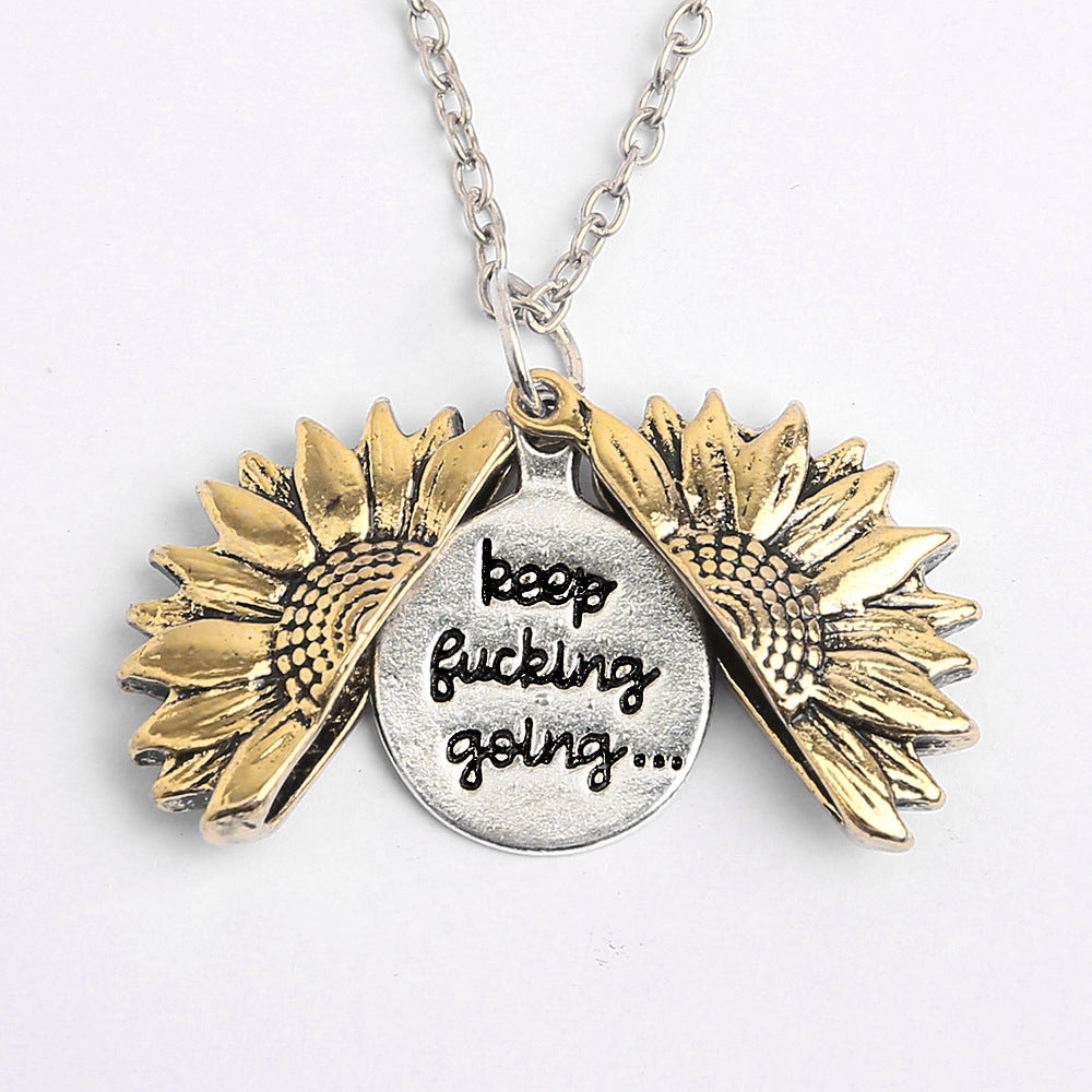 Minimalist Design Blackened Sunflower Necklace, Openable Engraved Alloy Clavicle Chain