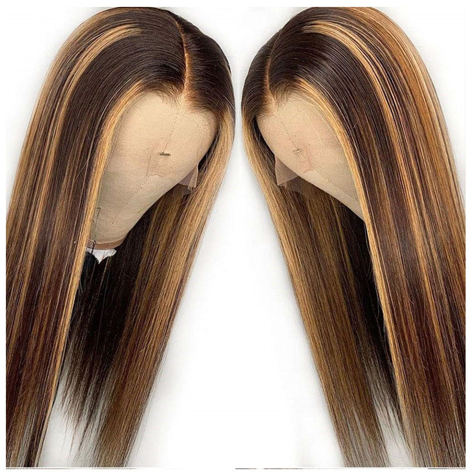 A 214  Brown Blonde Ombre Long Straight Hair with Bangs, Rose Net Heat Resistant Natural Wig for Women