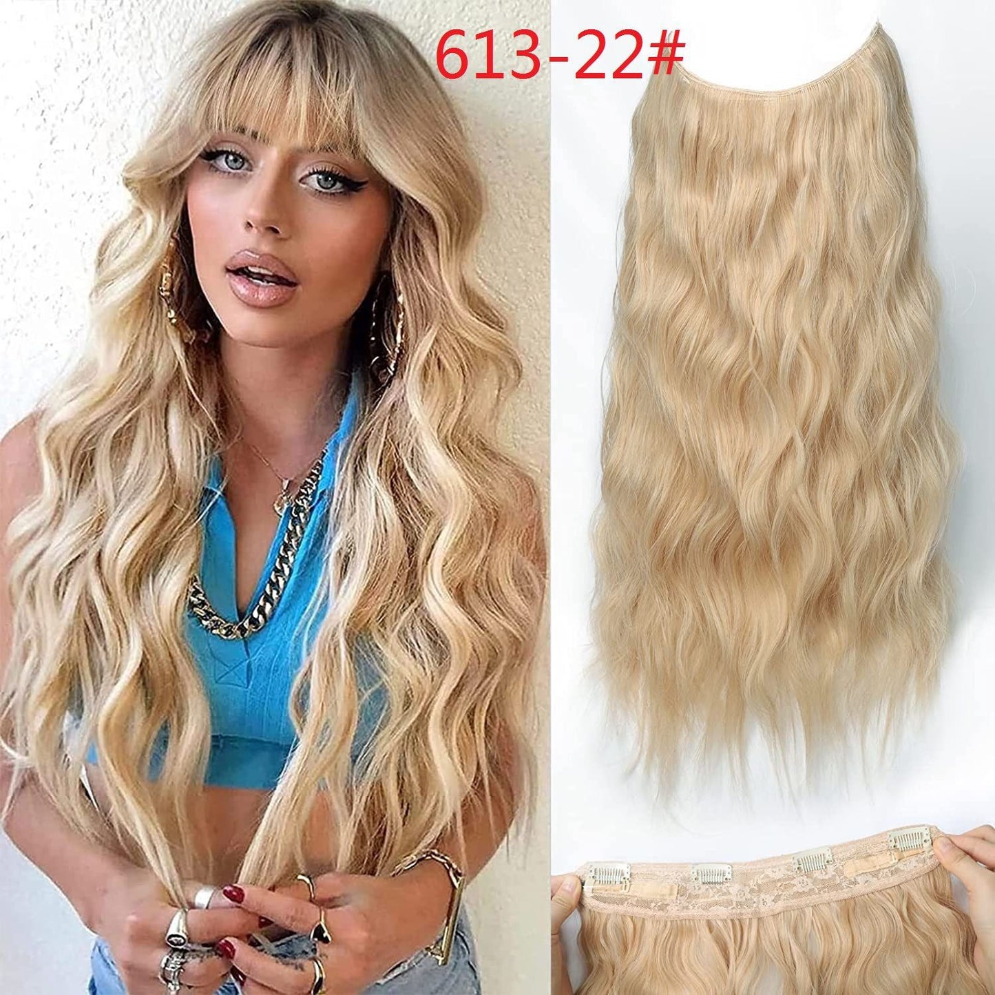 A237  Ombre Body Wave Long Curly Fish Line Hair Extensions, One-Piece Natural Invisible Adjustable Hairpiece