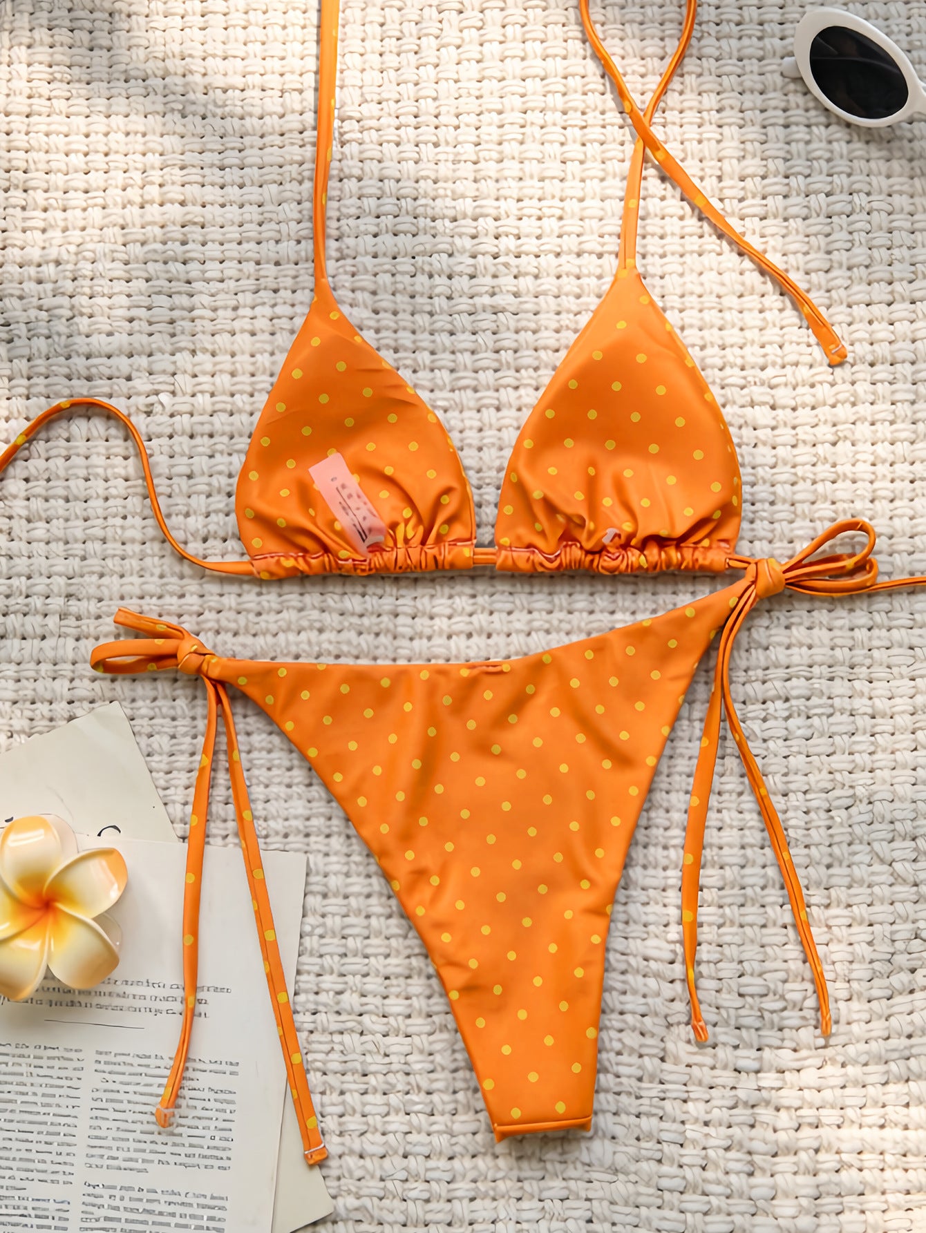 Beaded Halter Triangle Bikini Set, Textured Fabric Tie Side Two Piece Swimwear for Women