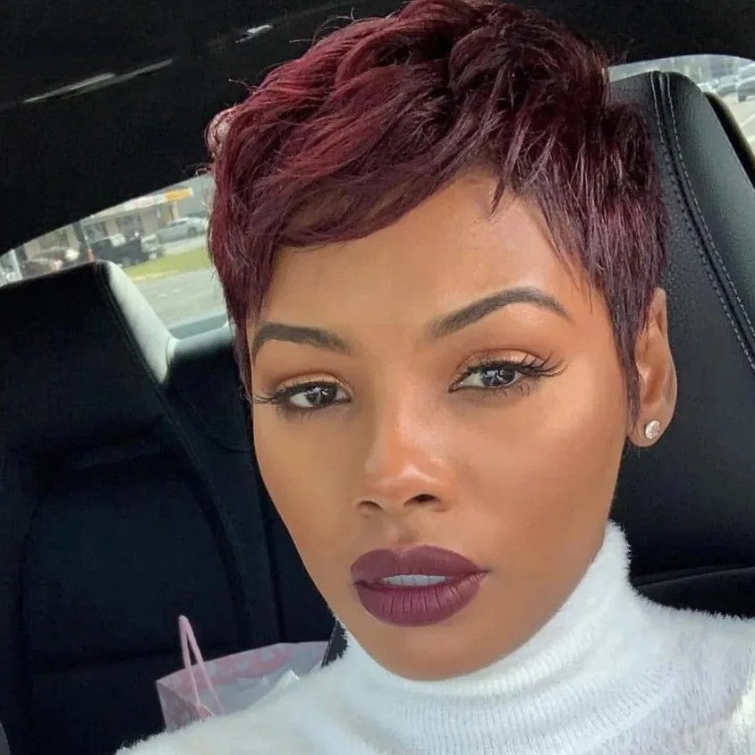 A232  Women Wine Red Short Curly Wig with Side Bangs, New Rose Net Synthetic Fashion Wig