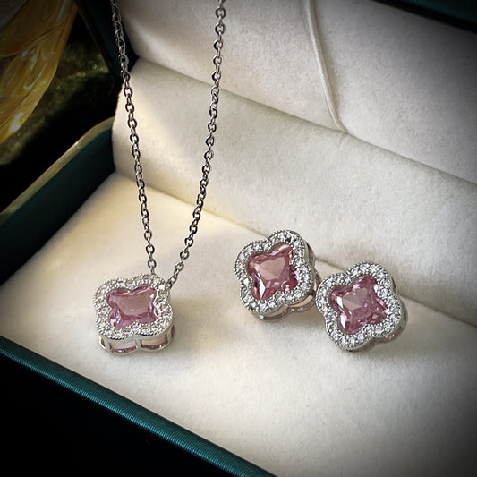 A198  Elegant Diamond Four-Leaf Flower Earrings, Pink Zircon Sterling Silver Needle Niche Style Ear Studs