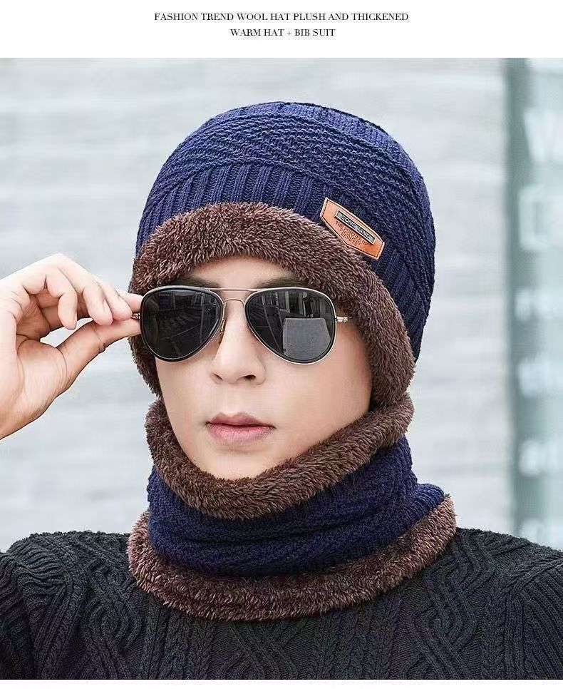 A290  Winter Hat Set with Ear Flaps and Fleece Lining Thickened Knit Hat and Scarf Two-Piece Set Autumn/Winter Wool Hat