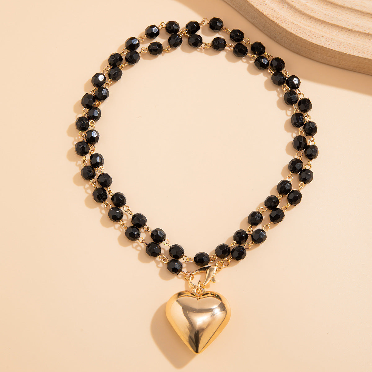 A189  Fashion Sweet Cool Black Beaded Choker, Crystal Heart Long Layered Necklace for Women