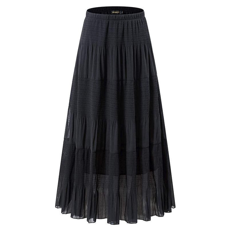 Women Floral Print Chiffon Maxi Skirt, Elastic High Waist Pleated A-Line Flared Long Skirt