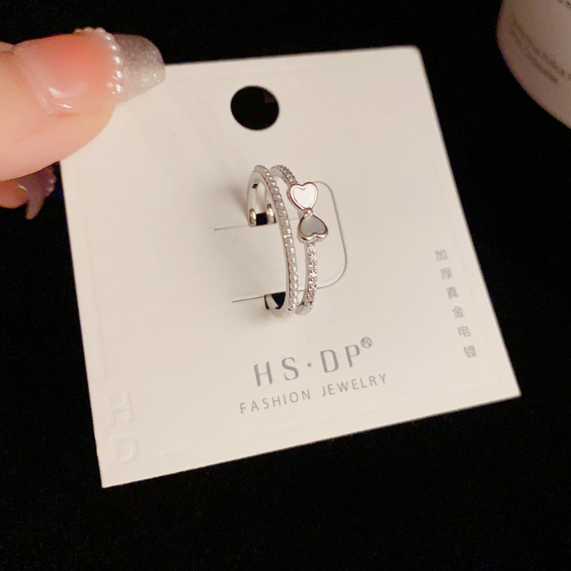 A153  Light Luxury Double Layer Pearl Zircon Bow Ring, Korean Senior Sense Adjustable Open Ring