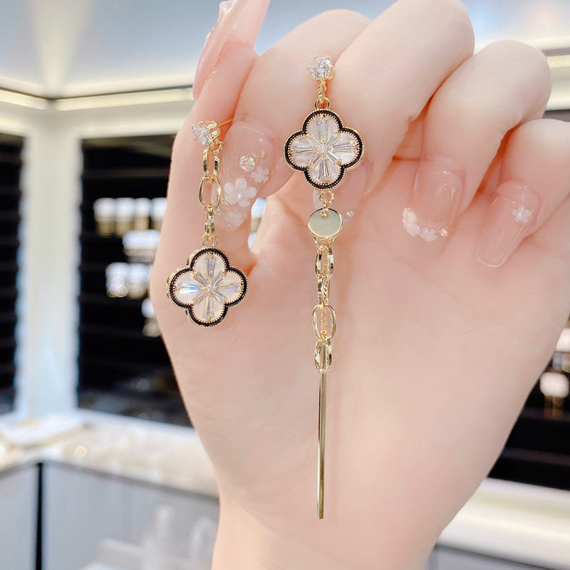 Elegant Asymmetric Four-Leaf Flower Long Tassel Earrings, Sterling Silver Pin