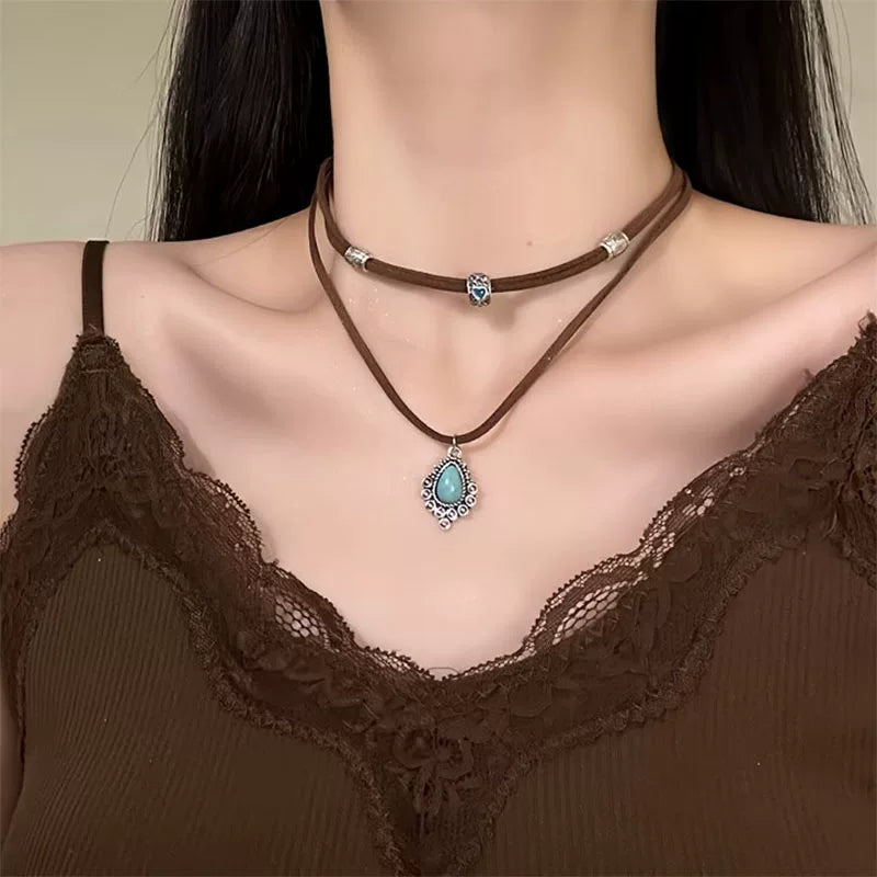 A287  Eye-Catching Turquoise Boho Ethnic Necklace, Designer Multi-Layer Stacked Clavicle Chain