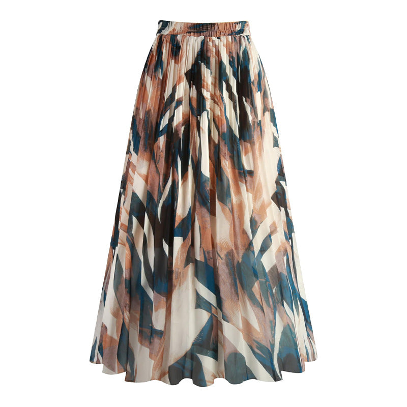 A369   Fashion Printed Chiffon Midi Skirt Women Elastic Waist Pleated Swing Skirt Elegant Lady Casual Wear
