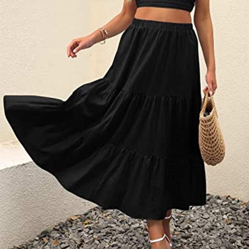 A367  Women's Summer Bohemian Pleated A-Line Flowy Layered Skirt with Pockets