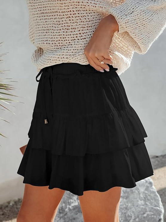 A370  Ladies Flowy Tiered Ruffle Mini Skirt High Waist Tie Waist Bohemian Skirt For Outdoor Vacation