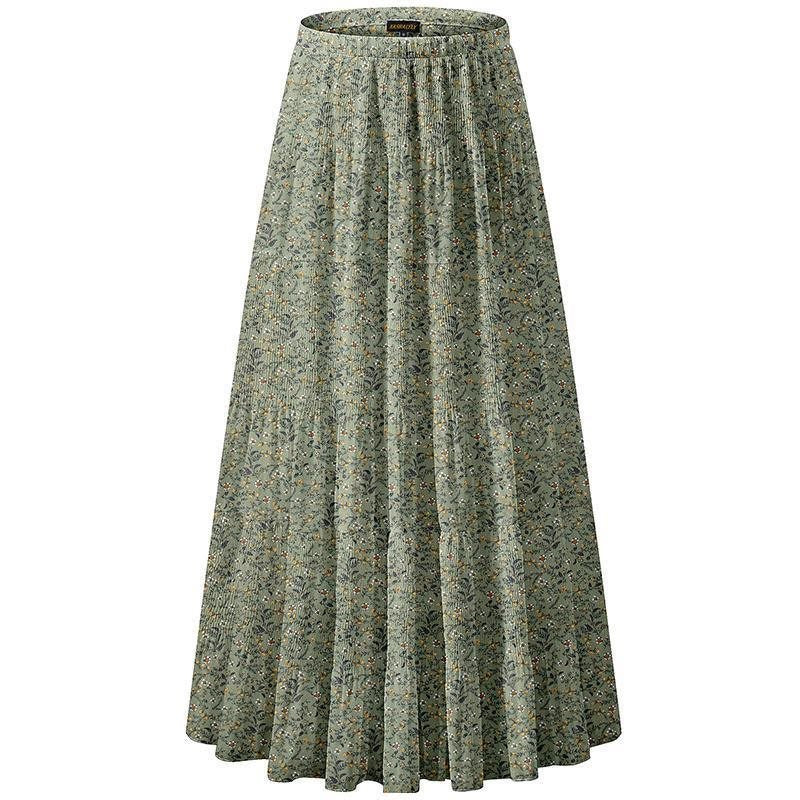 Women Floral Print Chiffon Maxi Skirt, Elastic High Waist Pleated A-Line Flared Long Skirt