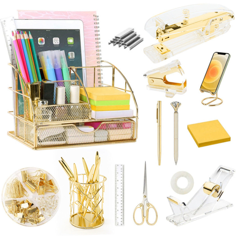 Rose Gold and Gold-Plated Office Desk Accessory Set, including an acrylic stapler set, staple remover, tape dispenser, 2 ballpoint pens, scissors, file folder, paper clips, staples, and storage box.
