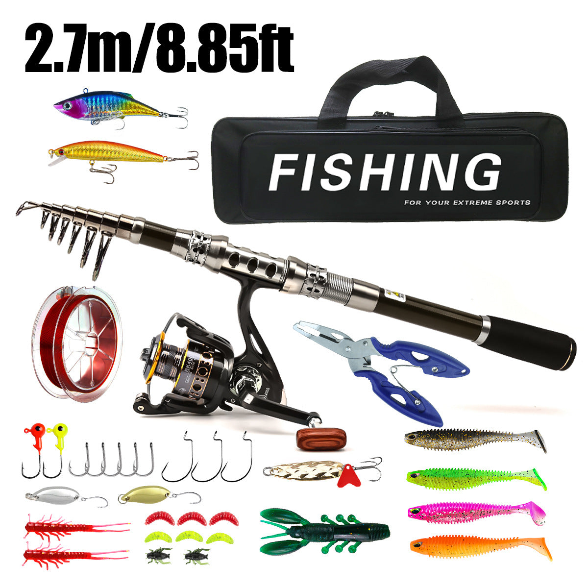 F349  Carbon Fiber Telescopic Fishing Rod and Reel Combo Portable Travel Fishing Kit for Saltwater Freshwater