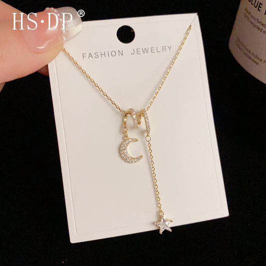A157  Minimalist Micro Paved Zircon Moon Star Pendant Tassel Necklace, Light Luxury Shiny Clavicle Chain for Women