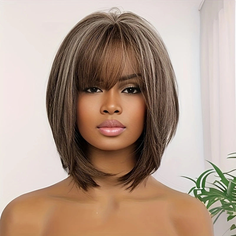 A279  Fashion Women Short Straight Bob Wig, Air Bangs Ear-Hang Color, Rose Net Clavicle Wig