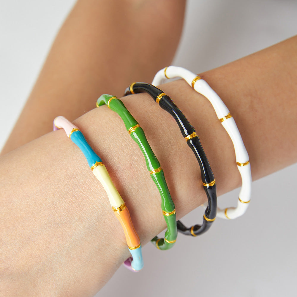 Dopamine Dressing Simple Versatile Jewelry, Enamel Weight Design Bamboo Shape Titanium Steel Open Cuff Bangle