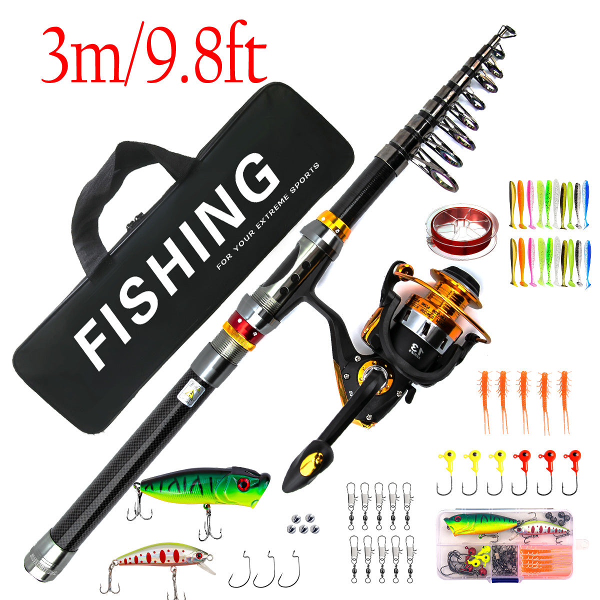 F345   Sea Fishing Long Casting Rod Set, Telescopic Lure Rod Complete Kit for Freshwater & Saltwater