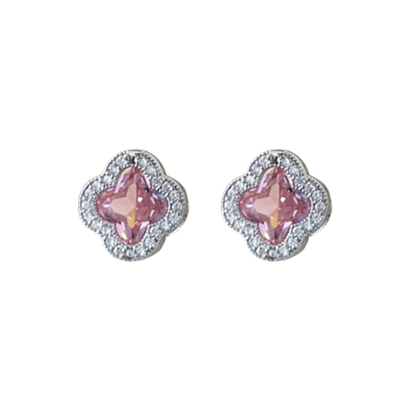 A198  Elegant Diamond Four-Leaf Flower Earrings, Pink Zircon Sterling Silver Needle Niche Style Ear Studs