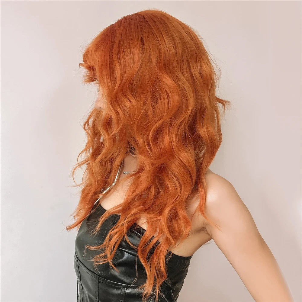 A219   New Orange Long Curly Cosplay Wig with Bangs, Rose Net Realistic Wig