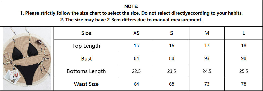 Beaded Halter Triangle Bikini Set, Textured Fabric Tie Side Two Piece Swimwear for Women