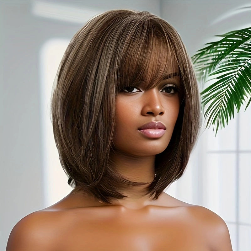 A279  Fashion Women Short Straight Bob Wig, Air Bangs Ear-Hang Color, Rose Net Clavicle Wig