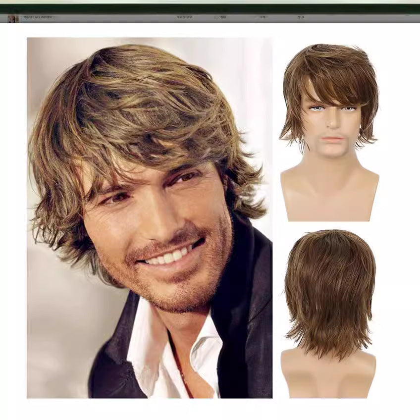 A217  Men's Short Curly Wig with Side Bangs, Multi-Color Rose Net Wig