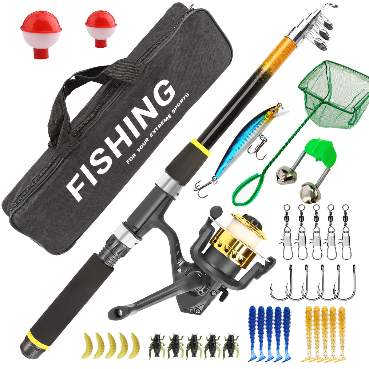 A162  Telescopic Fishing Rod Full Set, Reel Lures Accessories Complete Starter Kit