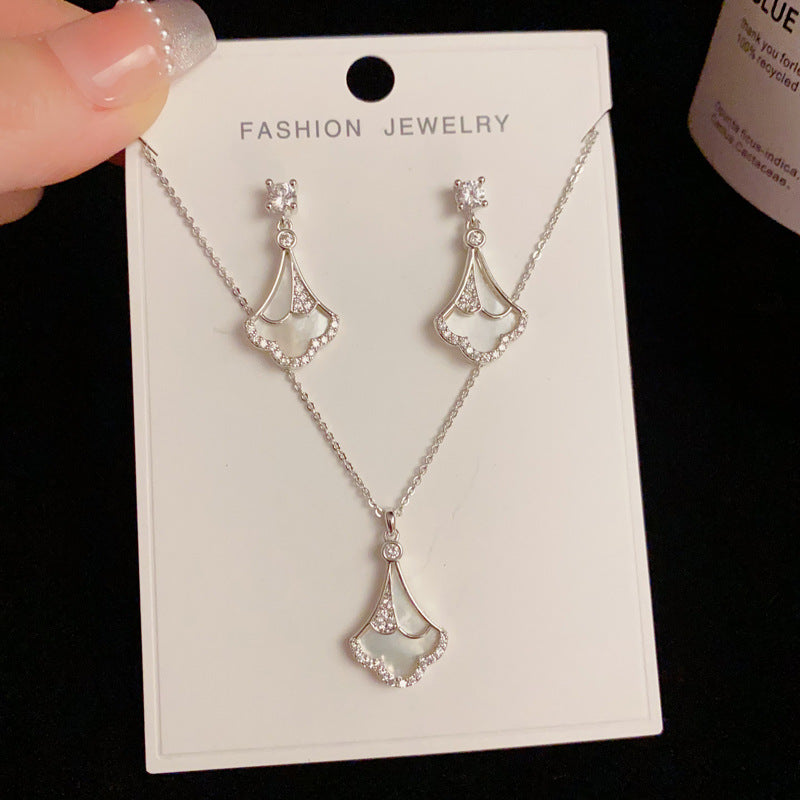 A155  Fashion Luxury Micro Inlaid Shell Skirt Set Earrings & Necklace, Unique Versatile Design Jewelry Set