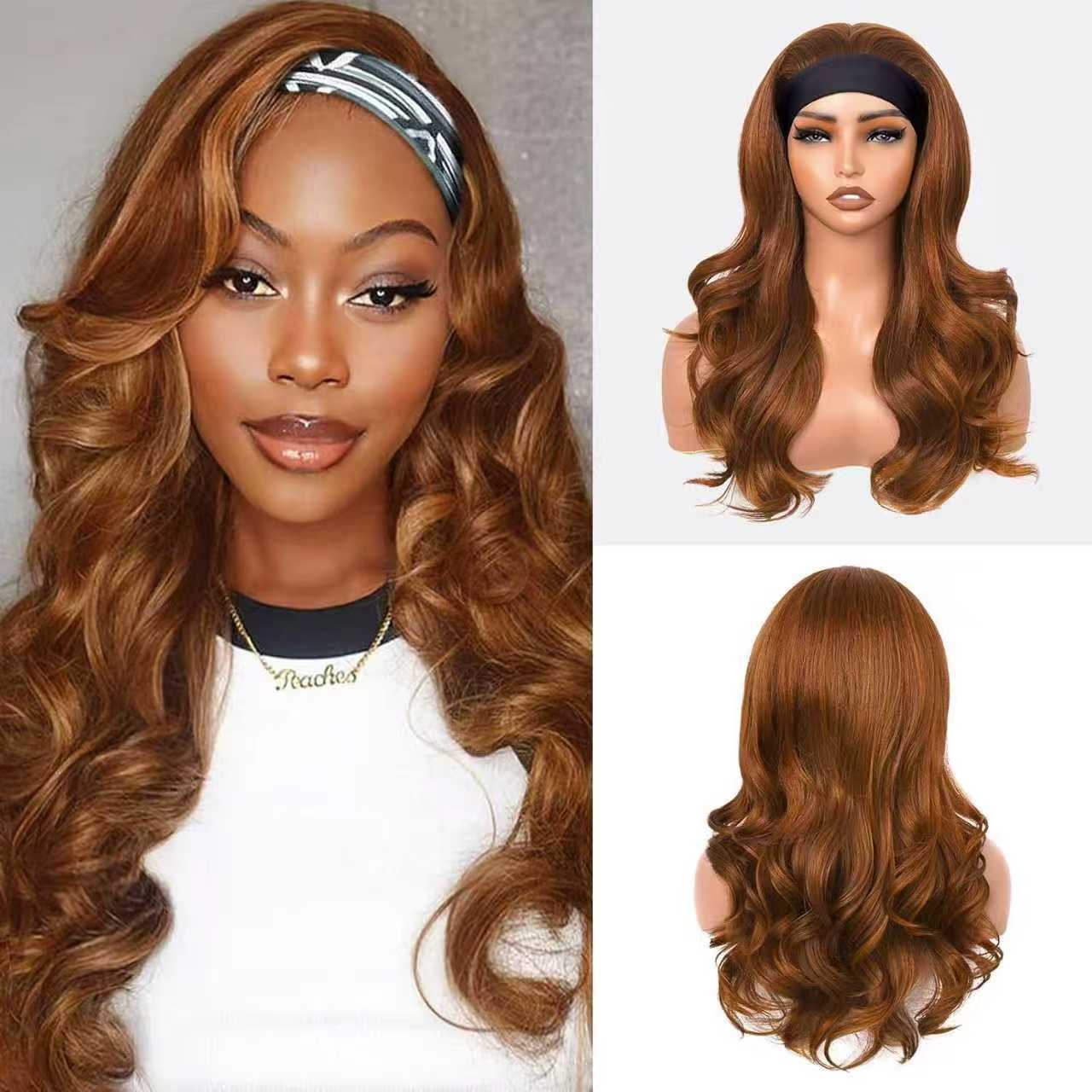 Headband Body Wave Synthetic Wig, Ombre Highlight Long Loose Curly Wig for Black Women Daily Styling
