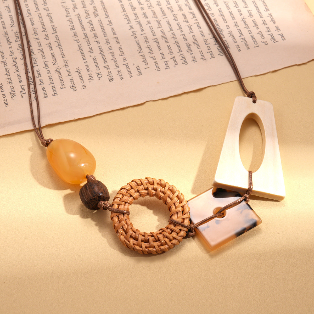 A192  Vintage Ethnic Wooden Resin Rattan Woven Pendant Sweater Necklace, Square Round Elegant Necklace for Women