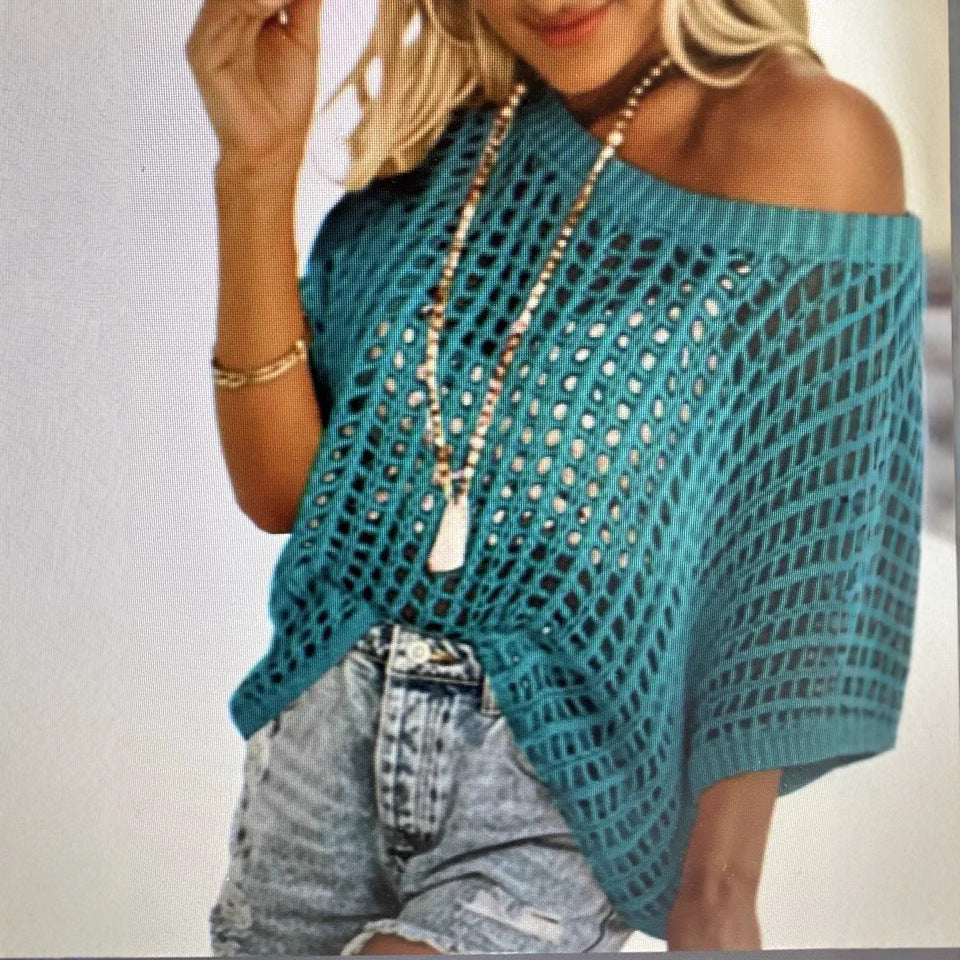 Women Hollow Out Knit Cover Up Top, Half Sleeve Mesh Beach Sweater, Off Shoulder Sheer Swim Cover Blouse