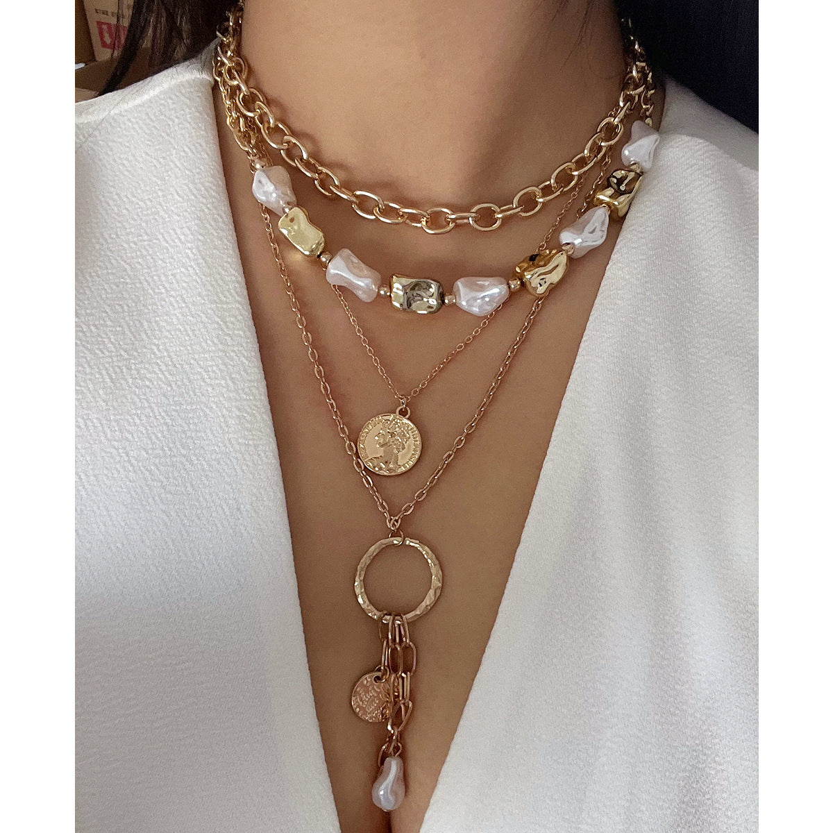 A175  Baroque Faux Pearl Layered Necklace, Vintage Punk Portrait Pendant, Fashion Jewelry for Women
