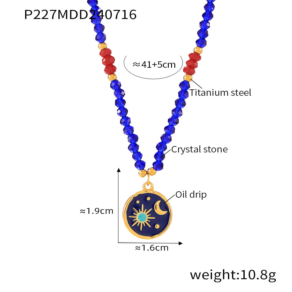 Starry Sky Glazed Titanium Steel Pendant Necklace, Blue Red Crystal Handmade Woven Unique Design Jewelry for Women