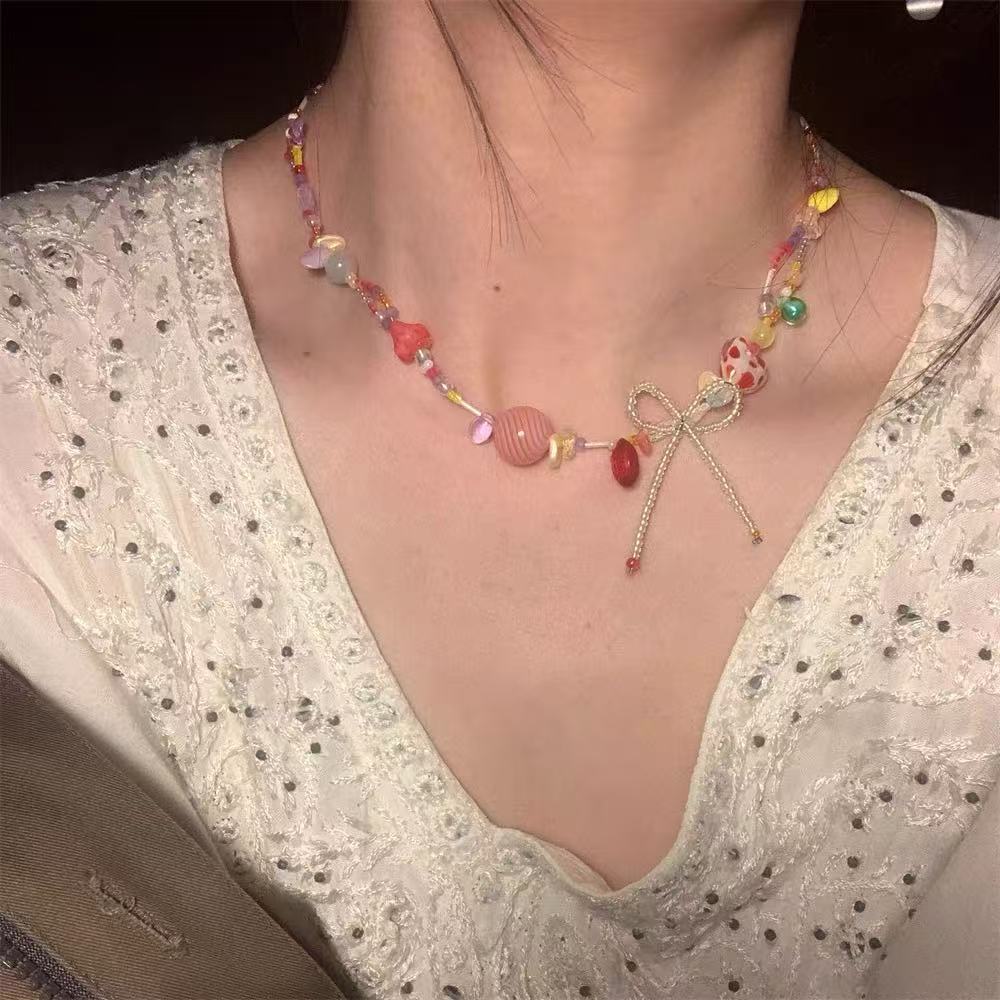 A301  Fashion Dopamine Beaded Cat Necklace, Personality Sweet Style All-Match Choker Jewelry