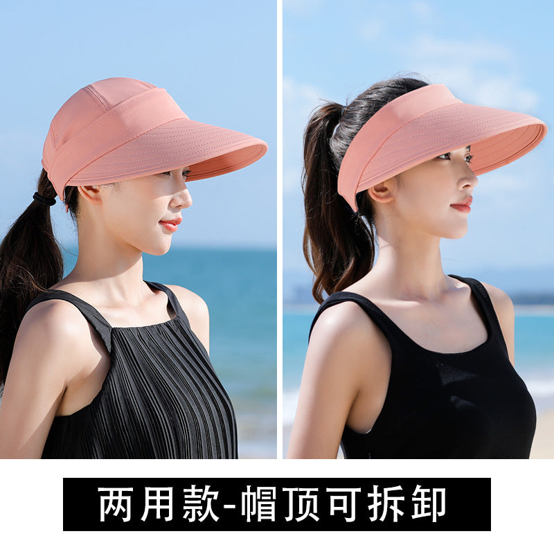Women Detachable 2 in 1 Sun Visor Hat, Large Brim UV Protection Sport Empty Top Baseball Cap for Cycling