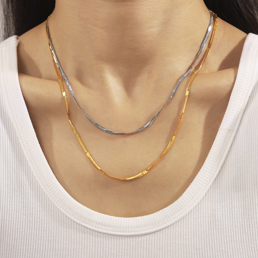 European & American Style Embossed Blade Chain Hip-Hop Trend Design Stainless Steel 18K Gold-Plated Collarbone Chain